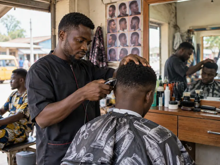 Barber cutting a customer’s hair in a Nigerian salon